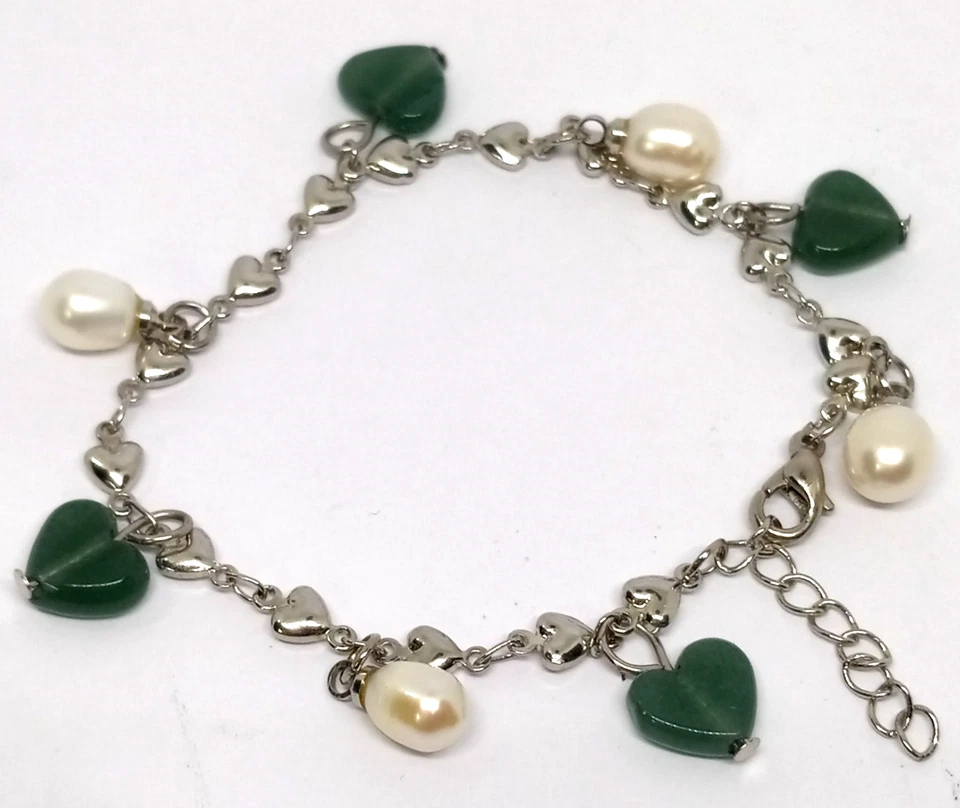 Pulsera Vintage Perla y Piedra Verde Corazón Dije Tono Plata Tamaño: 6.5 Pulgadas Foto 3 de 4