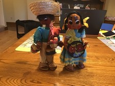 Ol Vintage Mexican Handmade Couple Dolls Folk Art Oil Cloth Papier-m ch  Painted
