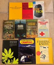 Vintage Lot of 10 Camping & Survival Books ~ First Aid + Medicine + Fishing ++
