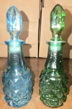 LOT OF 2 SMALL CRUETS NO HANDLE 1 BLUE 1 GREEN OIL AND VINEGAR 5.5" TALL REDUCED