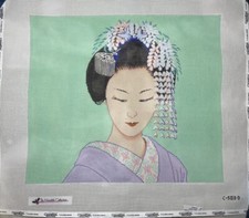 Meredith Collection Handpainted Needlepoint Canvas Geisha With Comb and Flowers