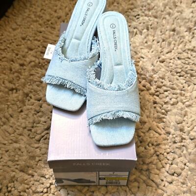 New Falls Creek women's 7 Fringe Lightwash Denim Slide 3 inch chunky Heel shoe