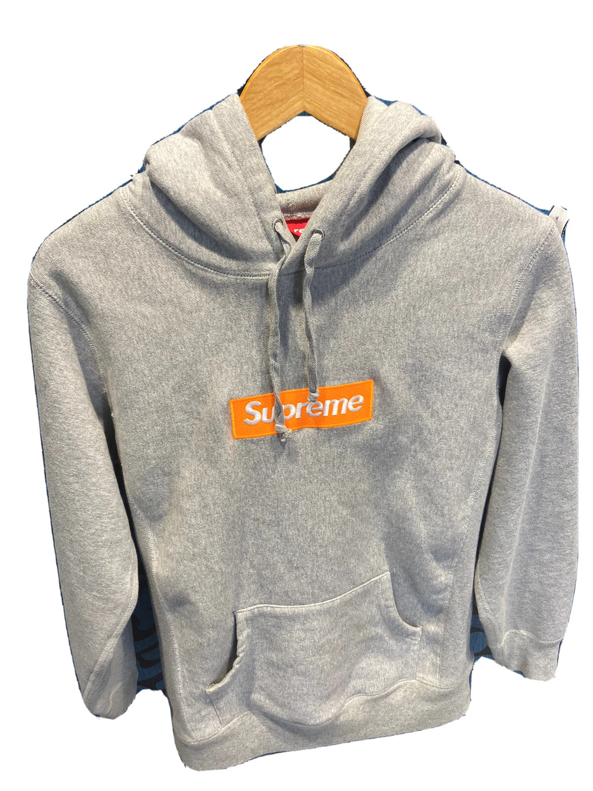 100 % authentique 2017 Supreme gris / boîte de sécurité orange logo sweat à capuche M Medium
