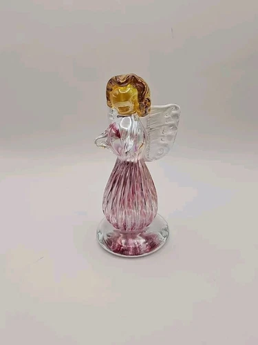 2004 Ron Hinkle WV Blenko Style Pink/Gold Art Glass Hand Blown Angel Figurine 