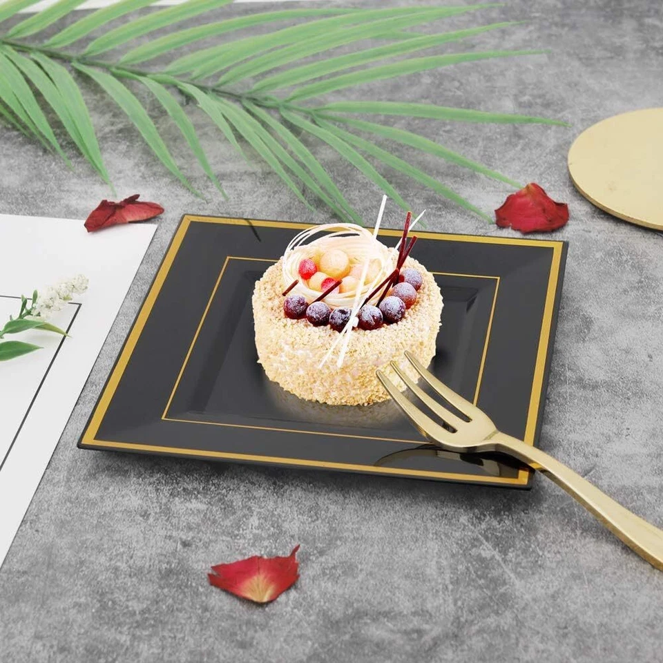 bUCLA 100PCS Black Square Plastic Plates with Gold Rim - 6 inch Disposable Cake - Image 4 of 4