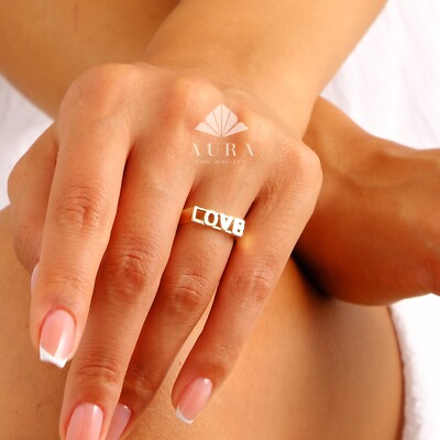 14K Gold Script Love Ring, Chunky Statement Engagement Ring, Love Letter  Ring