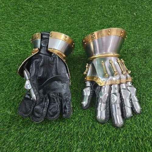 Steel Gauntlets Medieval Renaissance Attach Leather Glove Princely 18Gauge Pair - Picture 6 of 16