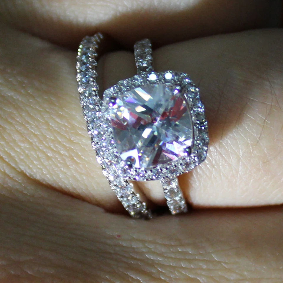 Juego de banda nupcial de compromiso moissanita cojín de 2,00 quilates oro blanco real de 14 quilates talla 6 Foto 2 de 4