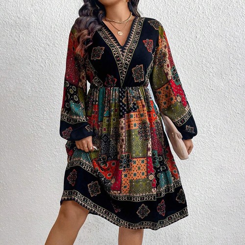 Womens V Neck Boho Skater Dress Lantern Sleeve Holiday Swing Sundress Plus Size - Picture 6 of 13