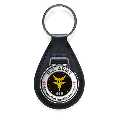 US Army Veterinary Food Inspection Specialist Black Leather Keychain Silver 