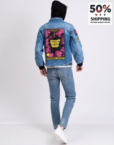 RRP€200 DOOMSDAY SOCIETY EVIL REIGNS BLOODBATH Denim Jacket M Patched Hooded - Picture 1 of 10