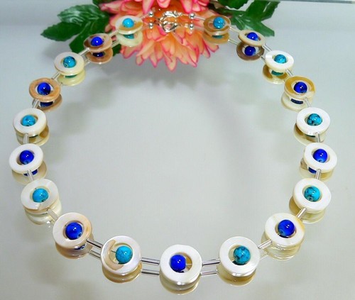 Halskette Collier Perlmutt natur weiss Donut Perlen blau dunkelblau türkis 353L - Bild 9 von 12