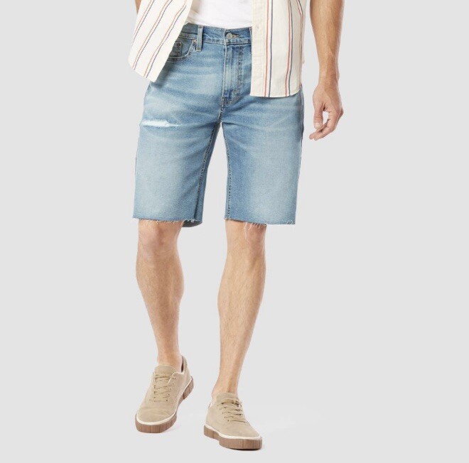"DENIZEN from Levis Mens 9\" Slim Fit Frayed Blue Denim Jean Shorts Super Flex"