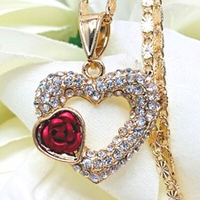 14k Gold Plated Heart Necklace With Rose Flower Pendant Chain 22" 65