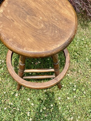 Antique Industrial Swivel Drafting Oak Wood Stool Early 1900s Cast