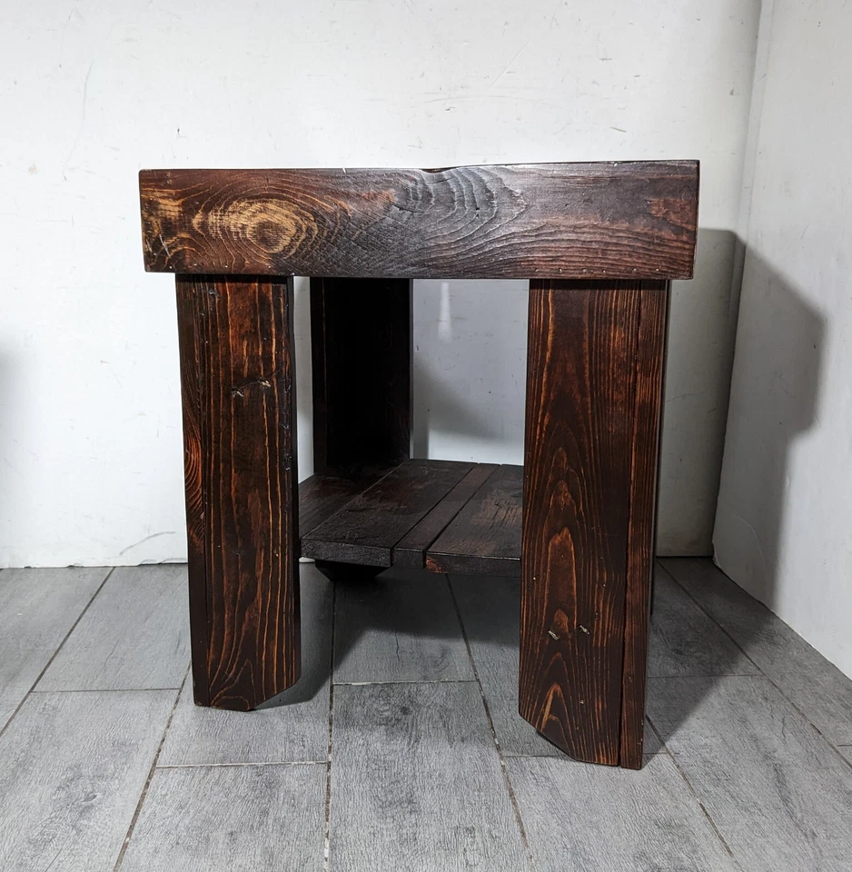 Vintage Handcrafted Rustic Primitive Rough Sawn Reclaimed Pine Wood End Table - Image 2 of 4