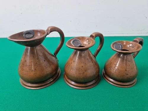 Antique Set Graduated Copper Haystack Lead Seal Measuring Jugs 1/2 Pint 1 Gill
