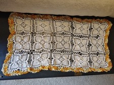 Crochet Lace Table Runner Doily with Floral Motif and Scalloped Edge White Gold