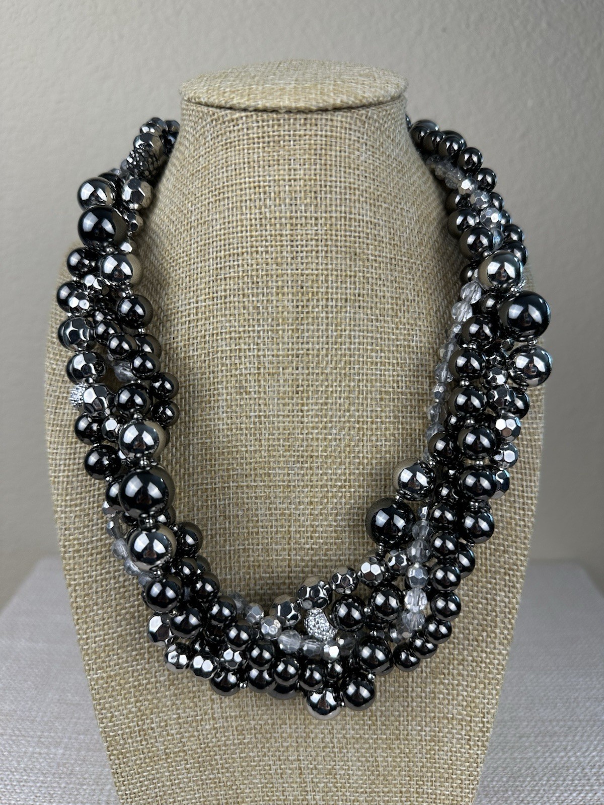 Chunky Statement Necklace Silver Gray Varying Bea… - image 1