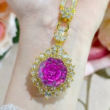 Sparkle Rose Cut Big 18mm Rose Red Garnet Gems Charm Women Gold Necklace Earring