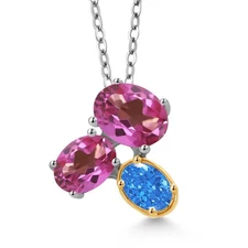 925 Silver and 10K Yellow Gold Pink Mystic Topaz and Fancy Blue Zirconia