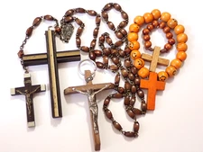 5 Wood Religious Items 21" Coco Beads Rosary & Ring Smiley Bracelet 2 Crucifixes