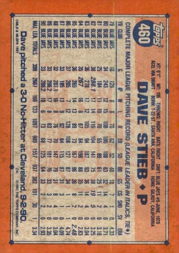 Dave Stieb 1991 Topps Baseball #460 - Picture 2 of 2