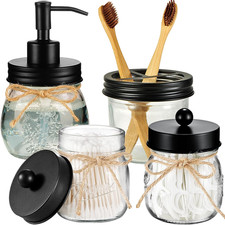 Glass Mason Jar Bathroom Accessories Set 4 Pcs Black 