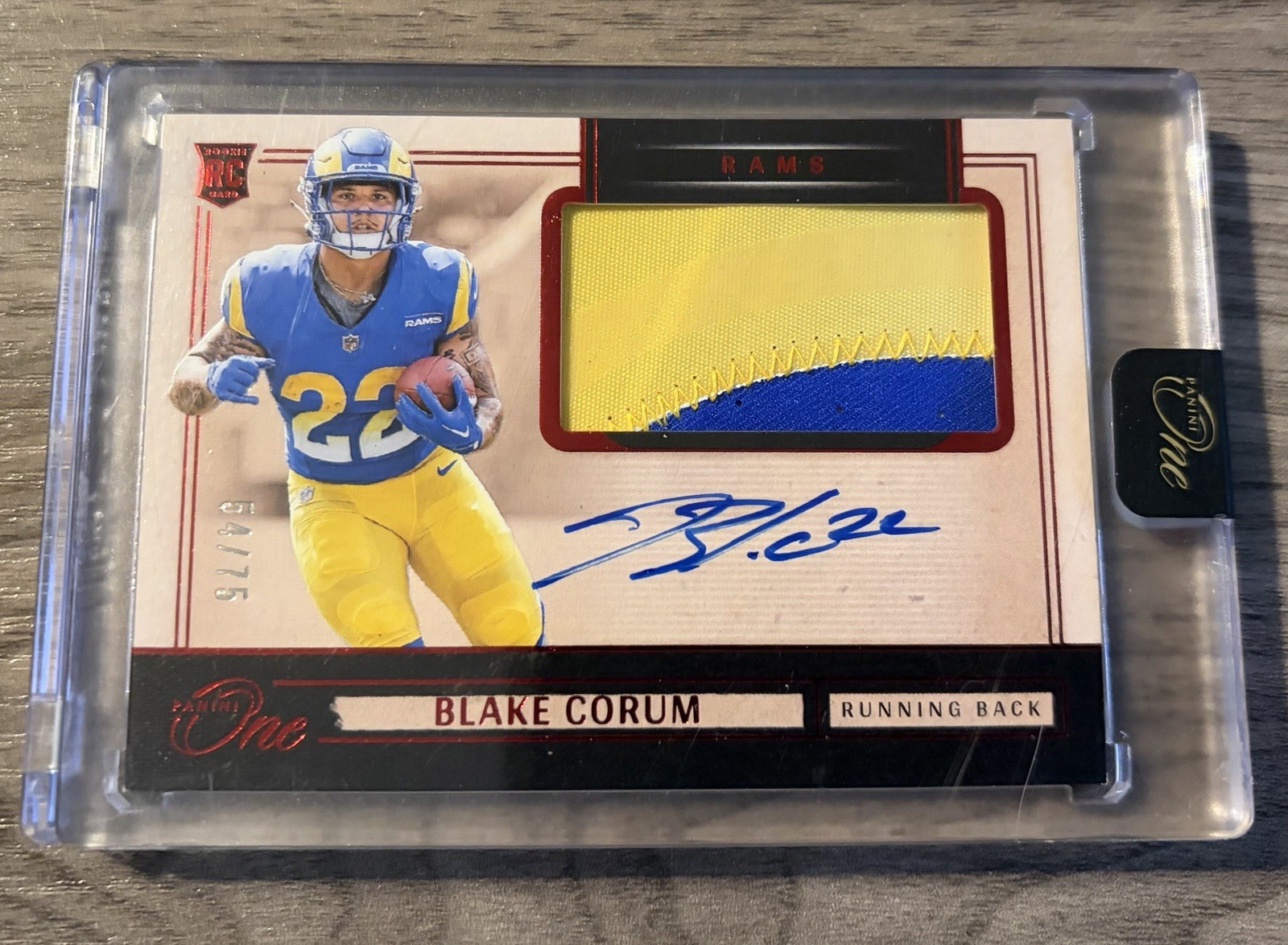 Blake Corum 2024 Panini One Rookie Patch Auto Red 54/75 #11 RC RPA Rams