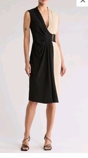 Connected Apparel Petite 12P Colorblock Sheath Dress Black Beige Career...