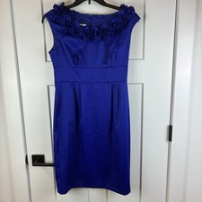 London Times Royal Blue Midi Dress Rosette Neckline Evening Party Size 10  j