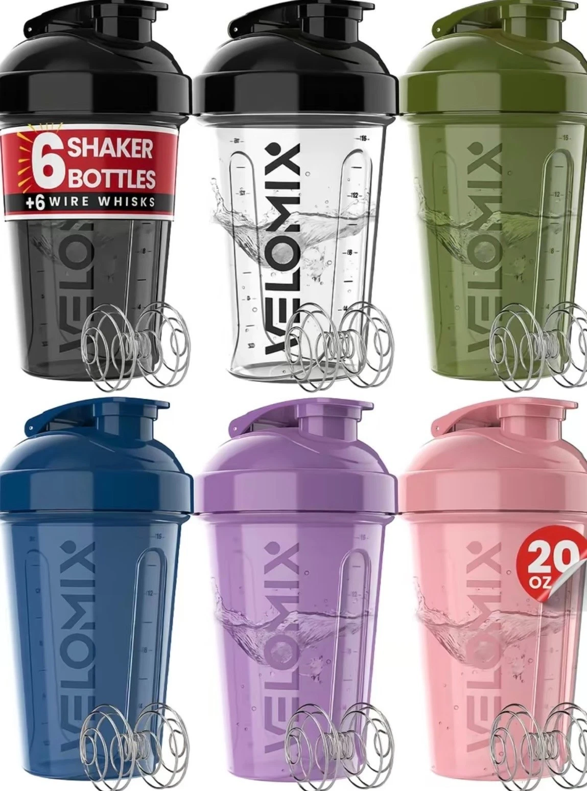 20 oz Protein Shaker Bottles 6 Pack with Wire Whisks Leakproof Stackable Mix Cup
Opens in a new wind