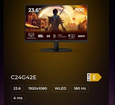 AOC C24G42E 24" Curved Full HD 180Hz 0.5ms Gaming Monitor with Speakers Black