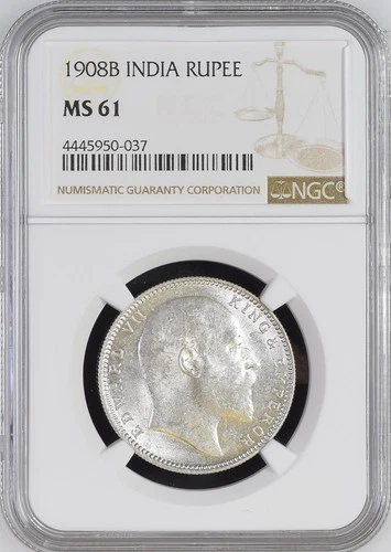 1908B INDIA RUPEE NGC MS61 SILVER COIN