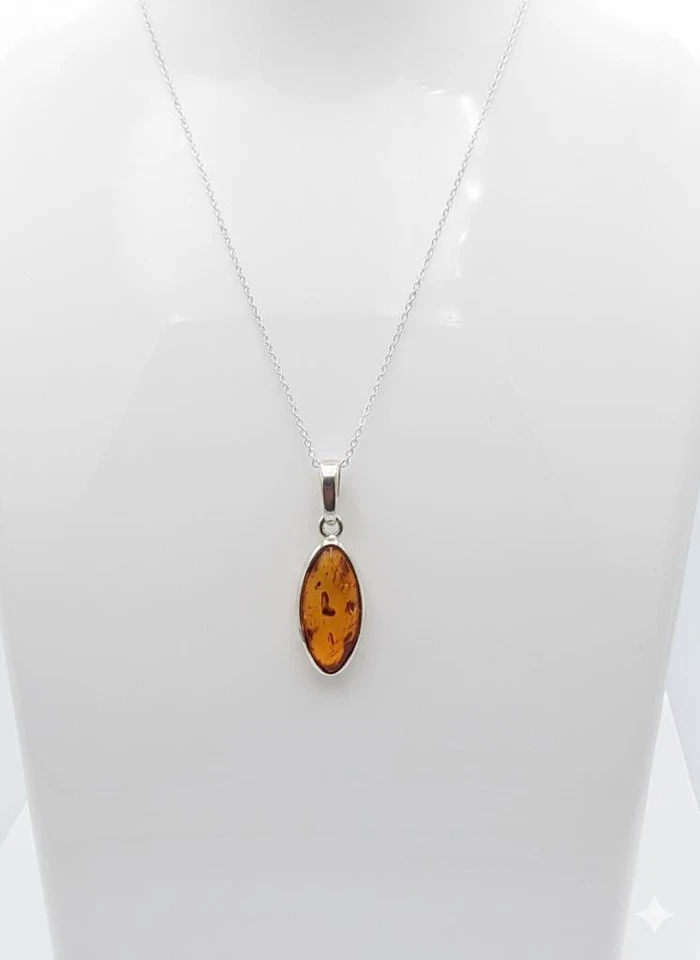 Pendente In Ambra 925 Argento Sterling Collana Collier Ambra Del Baltico - Immagine 2 di 4