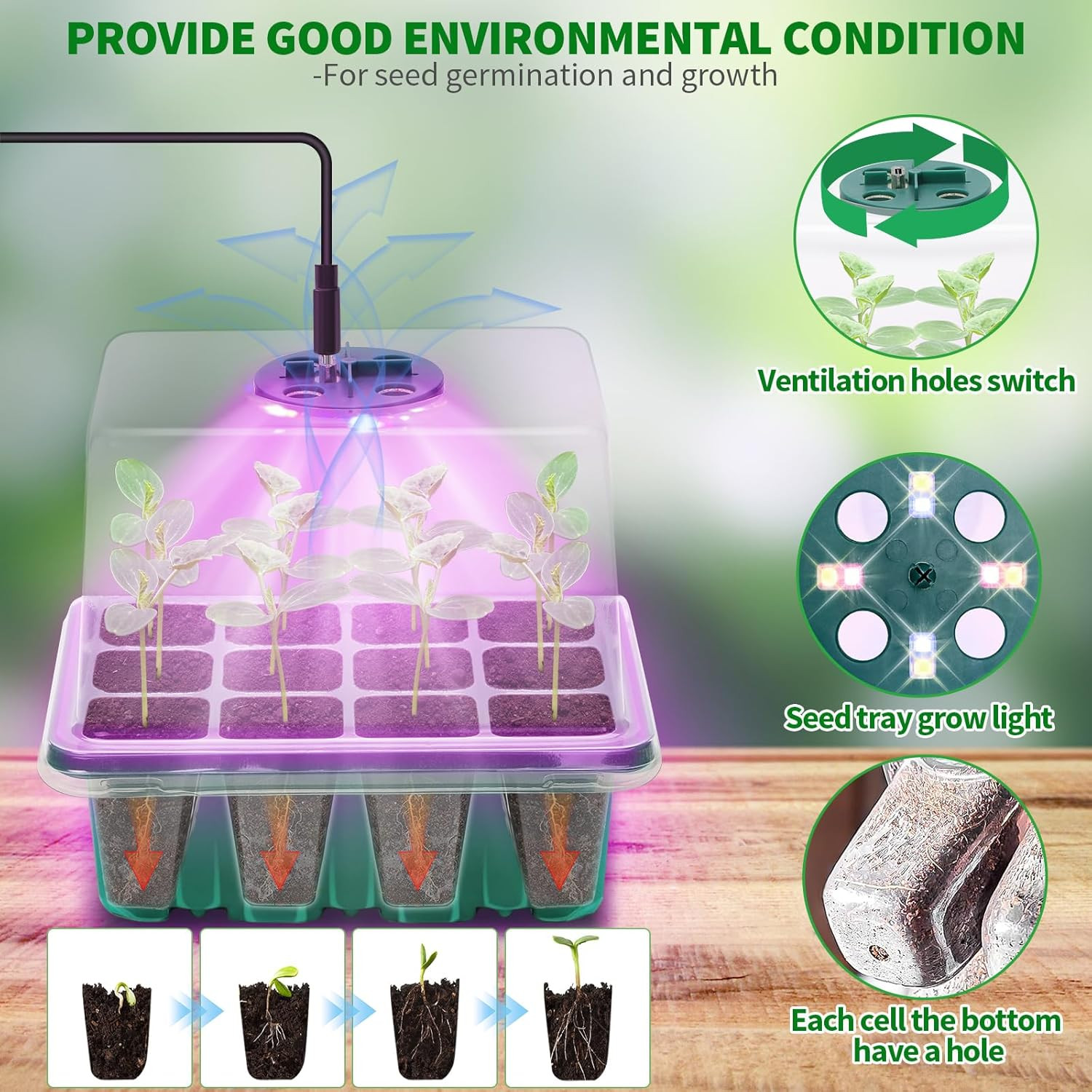 Seed Starter Tray with Plant Light, 2 Pack Grow Lights for Seed Starting Kit wit