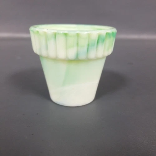 VTG Akro Agate Green Slag Uranium Glass 2.25" Flower Pot Toothpick Holder