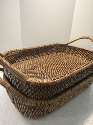 2 Pampered chef Woven Selections Rectangular Heavy Duty Rattan Tray w/Handles