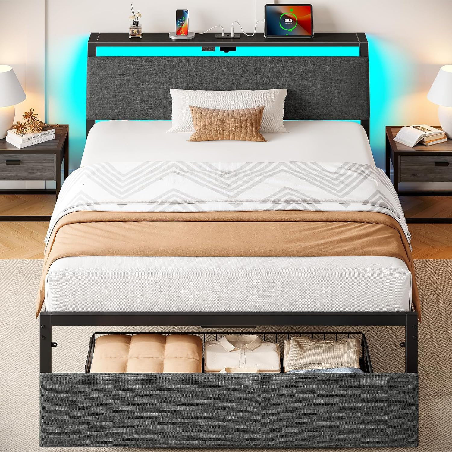 With Ergonomic Headboard Storage & Charging Station, Upholst