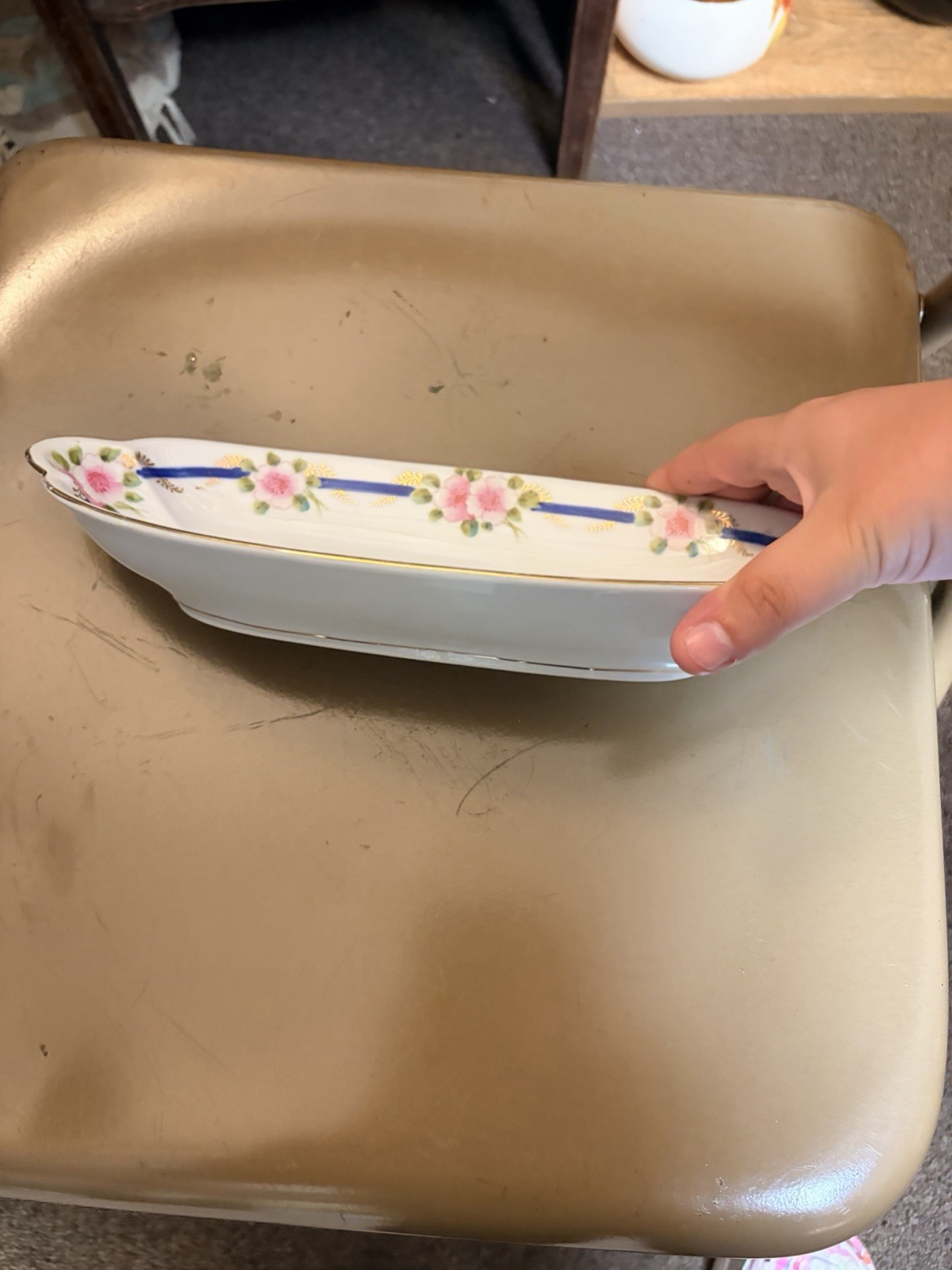 Nippon Porcelain Oval Floral Dish White Pink Blue Green Flower Pattern