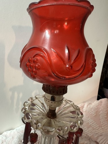 VINTAGE PAIR ETCHED CRANBERRY GLASS BOUDOIR 15" HURRICANE LAMPS (17E) - Picture 5 of 8
