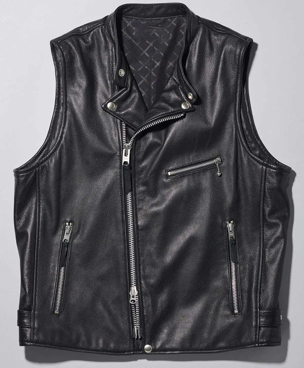 Men's Real Genuine Cowhide Leather Waistcoat Men's Black Motorcycle Leather Vest