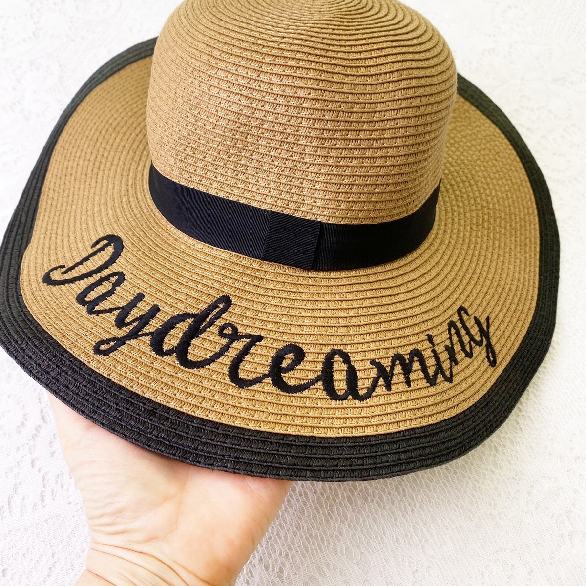 Floppy Straw Sun Hat “Daydreaming” Beach Round One Size 