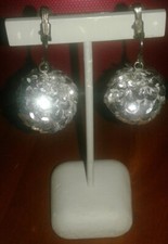 Vintage 1970s Disco Ball Metal Clip On Silver Sequined Earrings RARE Lightweight