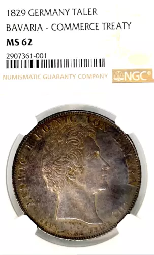 German States Bavaria 1829 Taler Coin Thaler NGC MS 62 VZ/F.STG UNC TREATY RARE