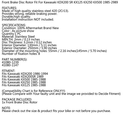 Bremsscheibe Vordere Disc passt Kawasaki KDX200 KDX200SR KX 125 250 500 85-94 F2 - Picture 8 of 10