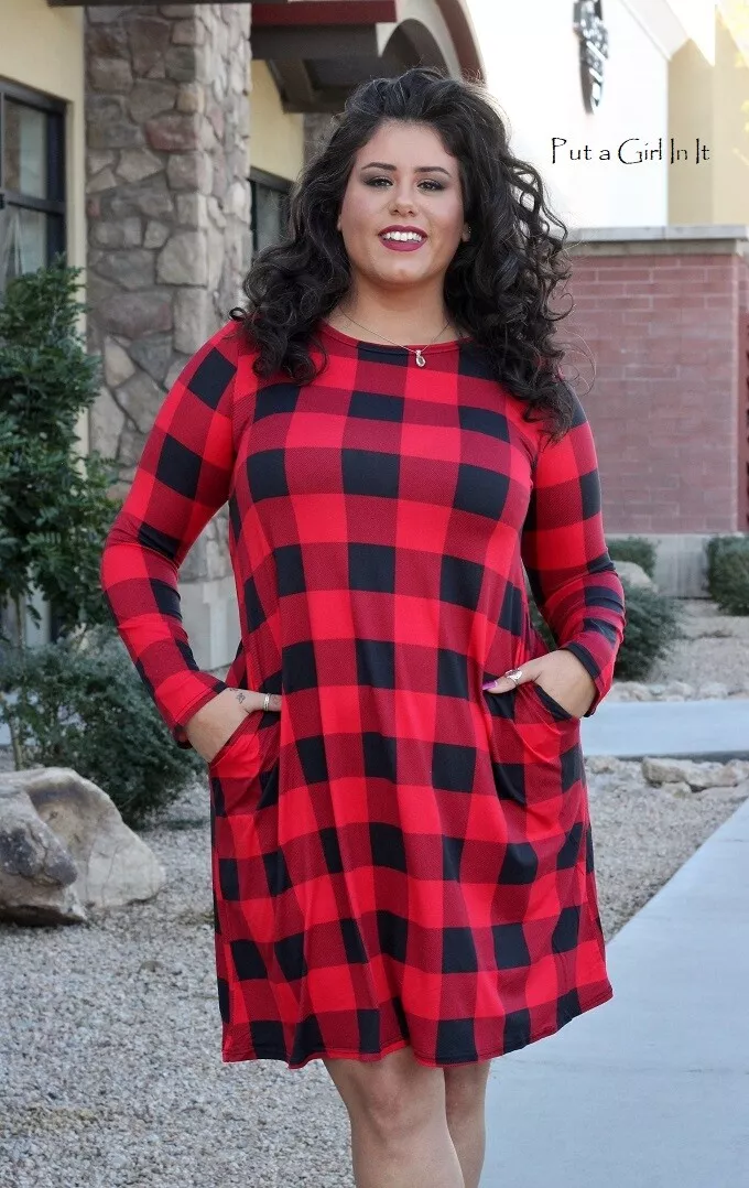 New PLUS SIZE Womens SOFT RED BLACK PLAID SWING DRESS POCKETS 1X 2X 3X USA  TRUE