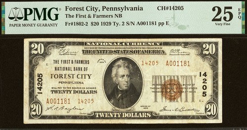 1929 $20 National Bank Forest City, Pennsylvania CH# 14205 PMG 25EPQ rare