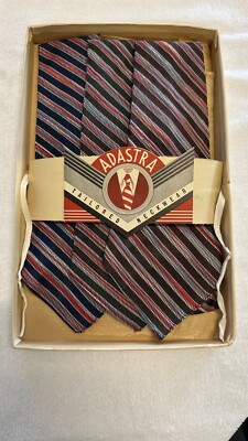 DEADSTOCK 1930S 'ADASTRA' BRAND 3 X METALLIC BLUE AND RED STRIPED TIES