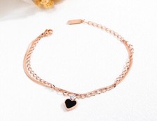 Women Rose Gold Titanium Stainless Steel CZ Heart Love Double Bracelet 6-7.75"